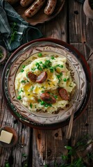 Traditional Irish dish colcannon, mashed potatoes with cabbage and green onions, on top of crispy fried cabbage topping with nuts and spices on a wooden table. AI generated illustration