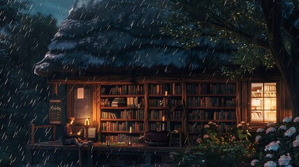 Canvas Print - Cozy Library in the Rain - A Serene Escape.