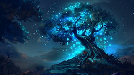 Poster - Mystical Blue Glowing Tree in a Night Landscape.