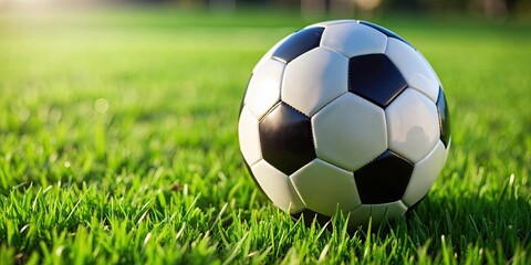 A close-up photo of a classic black and white soccer ball on a green grass field, sport, game, equipment, football, soccer