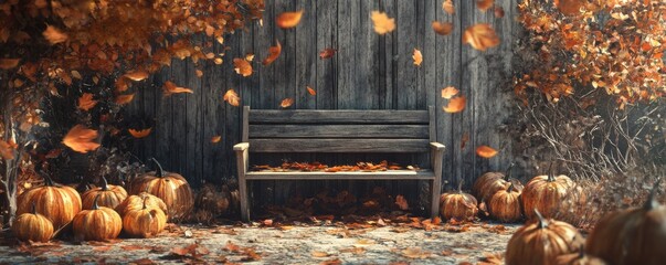 Canvas Print - Autumn leaves falling on wooden bench with pumpkins