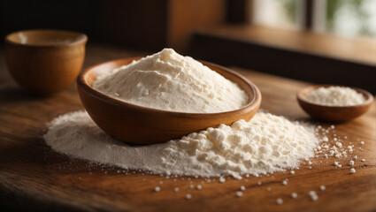 Tapioca flour on a wooden table that are piled up in large numbers, Generative Ai