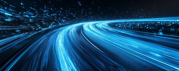 Wall Mural - light trails speeding around city skyline at night illustrating fast internet
