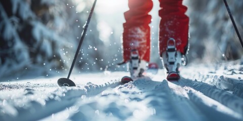 Close up of person skiing in nature with blurred background, ideal for text placement