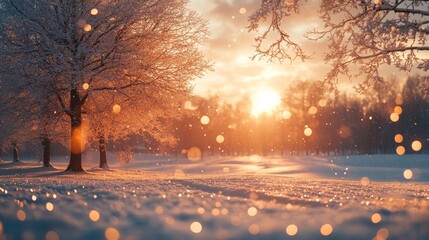 Poster - Snow falling on trees in winter wonderland at sunset