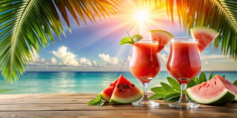 Tropical paradise image featuring watermelon cocktails, sun-drenched fun, and summertime bliss , tropical, paradise, summertime