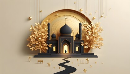 Wall Mural - black and gold masjid 3d render