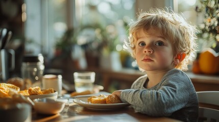 Wall Mural - A young child is sitting at a table with a plate of food in front of him