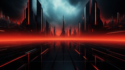 Futuristic city skyline with glowing red lights and a dark, cloudy sky.