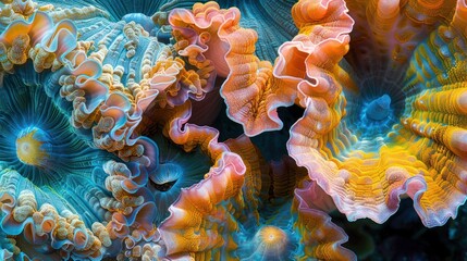 A colorful coral reef, capturing the intricate patterns and textures of the underwater landscape