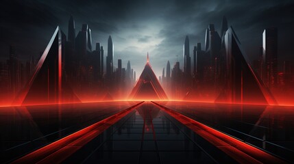 Futuristic Cityscape with Red Glow and Glowing Pyramid.