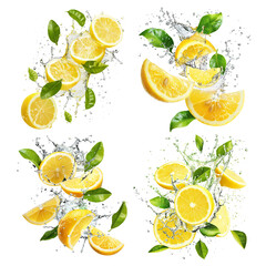 Poster - Set of fresh delicious lemons splashing with leaves, cut out