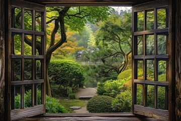 Poster - Japanese garden window outdoors woodland.