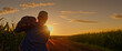 © StockMediaSeller - Farmer carrying a sack of potatoes on his shoulder walks down a dirt road at sunset, surrounded by cornfields.