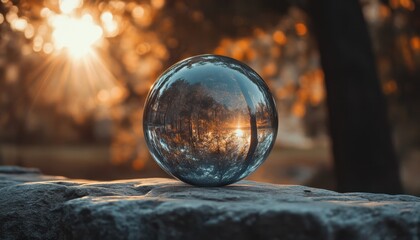 A glass sphere reflecting a sunset over a peaceful park landscape in autumn