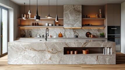 Wall Mural - Modern kitchen with marble countertops and open shelving in a contemporary home during daylight