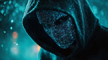 Hacker wearing futuristic digital mask coding in cyberspace