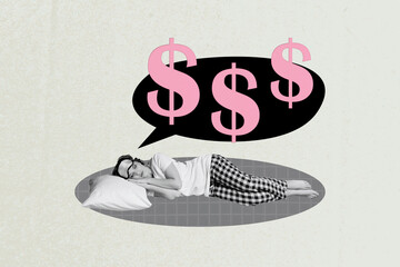 Sticker - Creative photo collage picture young girl fall asleep bedtime textbox money finance currency dollars nighttime pillow checkered background