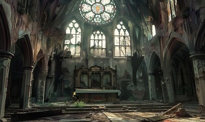 Ruined church interior with crumbling arches and stained glass remnants, hinting at lost grandeur