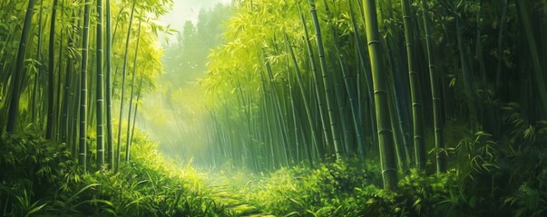 Poster - Sun shining through a path in a lush bamboo forest