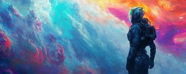 Wall Mural - Astronaut looking at colorful universe clouds space exploration