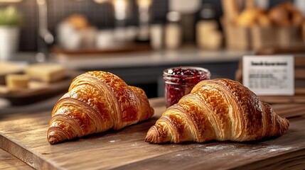 Two hot Freshly baked croissants on counter