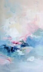 Wall Mural - Abstract painting with soft pinks, blues and whites, creating an ethereal atmosphere. A dreamy sky background with gentle brushstrokes creates 