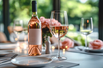 Banquet, restaurant. Table setting. Rose wine, glasses.