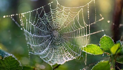 A close-up macro shot of a dew-covered spider web in a forest at dawn. The delicate strands of the web glisten with tiny droplets of water, while the background is softly blurred with hints of green f