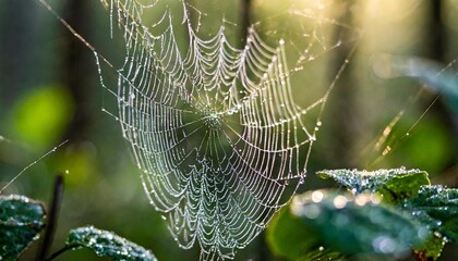 A close-up macro shot of a dew-covered spider web in a forest at dawn. The delicate strands of the web glisten with tiny droplets of water, while the background is softly blurred with hints of green f