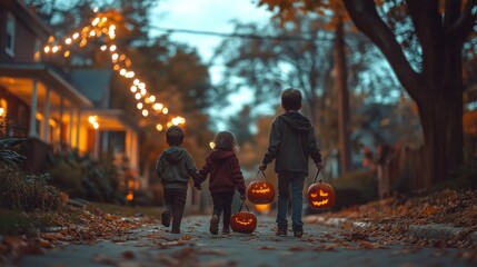 Wall Mural - Three children are walking down a street holding pumpkins