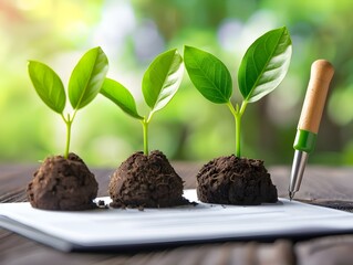 Canvas Print - Three Young Plants Growing in Soil on a White Surface.