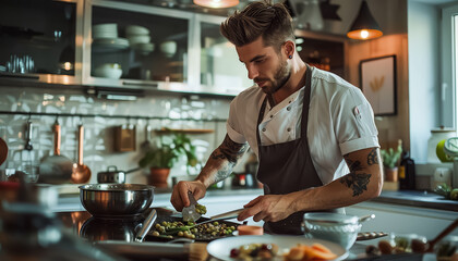 A chef is preparing a plate of food in a kitchen