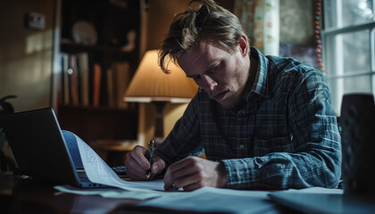 Wall Mural - A man is writing with a pencil on a piece of paper