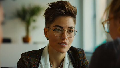 Canvas Print - A woman with short hair and glasses is sitting at a table