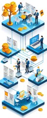 Wall Mural - business network diagram with people, documents, laptop, money, and coins.