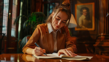 Canvas Print - A woman is writing on a piece of paper in a room with a lot of light