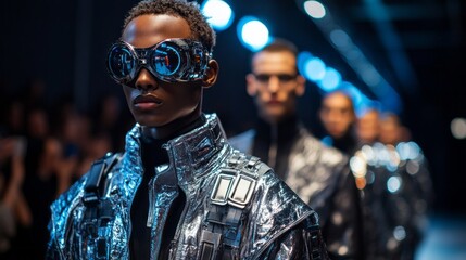 Sticker - A group of men are wearing futuristic clothing and sunglasses