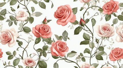 Canvas Print - Seamless floral pattern with pink and white roses blooming on white background