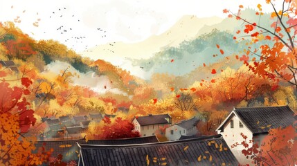 A serene autumn landscape with colorful foliage and traditional houses.