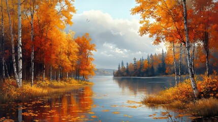 Wall Mural - Autumn lake reflecting colorful trees and cloudy sky