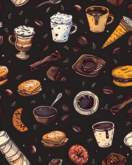 Coffee bakery wallpaper pattern, comic style.