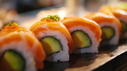 Sticker - A close-up of a salmon sushi roll with vibrant pink salmon, avocado, and cucumber, showcasing the freshness and precision of sushi presentation.