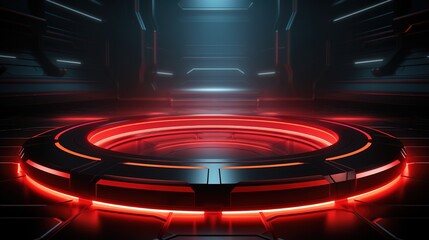 Futuristic red neon light platform in dark sci-fi background.