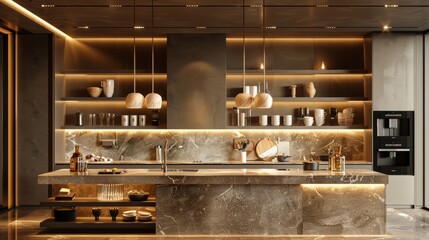 Wall Mural - Modern kitchen interior with ambient lighting and marble countertops at dusk