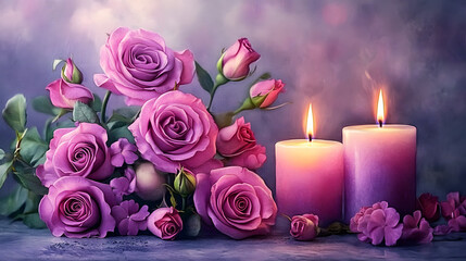 Canvas Print - Pink and purple roses, burning candles, watercolor still life in art deco style, roses, pink, purple, burning candles