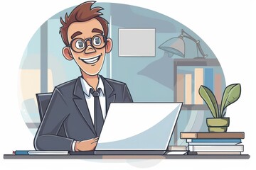 Wall Mural - Cartoon-style businessman in a suit working on a laptop at his desk.