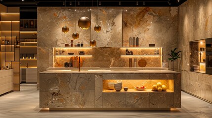 Wall Mural - Modern kitchen interior with marble countertops and warm lighting during the afternoon