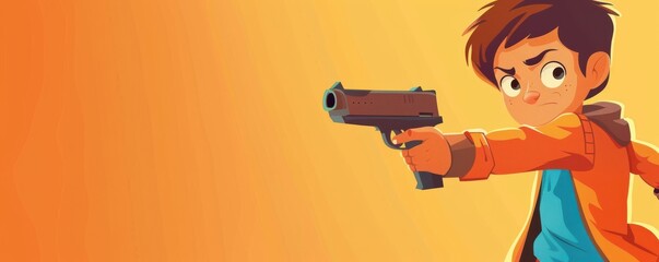 Wall Mural - Cartoon boy holding a gun, intense expression, classic video game style. Free copy space for text.