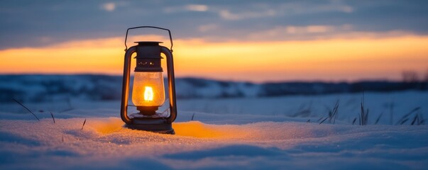 Poster - Old lantern illuminating snowy landscape at sunset